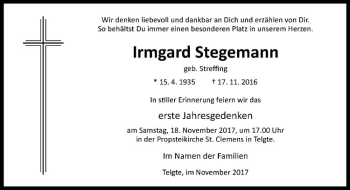 Anzeige von Irmgard Stegemann von Westfälische Nachrichten