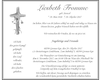 Anzeige von Liesbeth Fromme von Westfälische Nachrichten