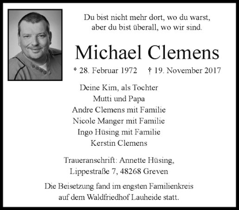  Traueranzeige für Michael Clemens vom 29.11.2017 aus Westfälische Nachrichten