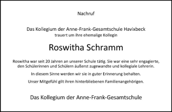 Anzeige von Roswitha Schramm von Westfälische Nachrichten