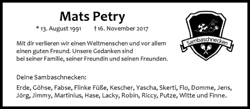  Traueranzeige für Mats Petry vom 24.11.2017 aus Westfälische Nachrichten