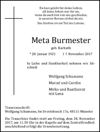 Anzeige von Meta Burmester von Westfälische Nachrichten