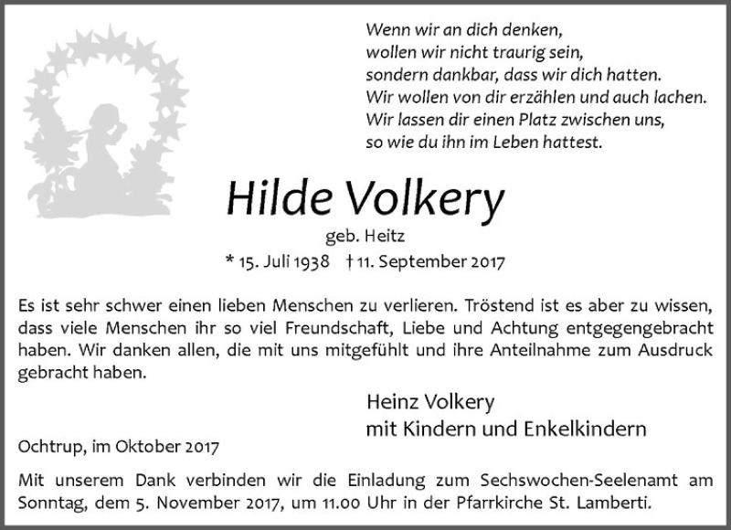  Traueranzeige für Hilde Volkery vom 31.10.2017 aus Westfälische Nachrichten