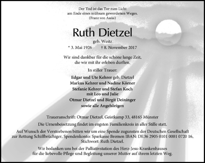  Traueranzeige für Ruth Dietzel vom 18.11.2017 aus Westfälische Nachrichten
