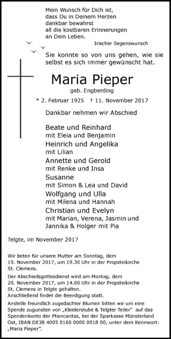 Anzeige von Maria Pieper von Westfälische Nachrichten