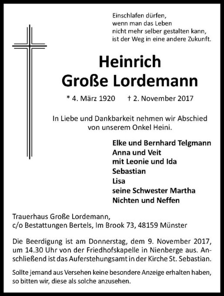  Traueranzeige für Heinrich Große Lordemann vom 07.11.2017 aus Westfälische Nachrichten