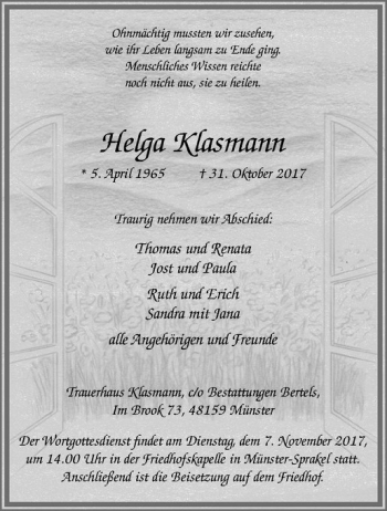 Anzeige von Helga Klasmann von Westfälische Nachrichten