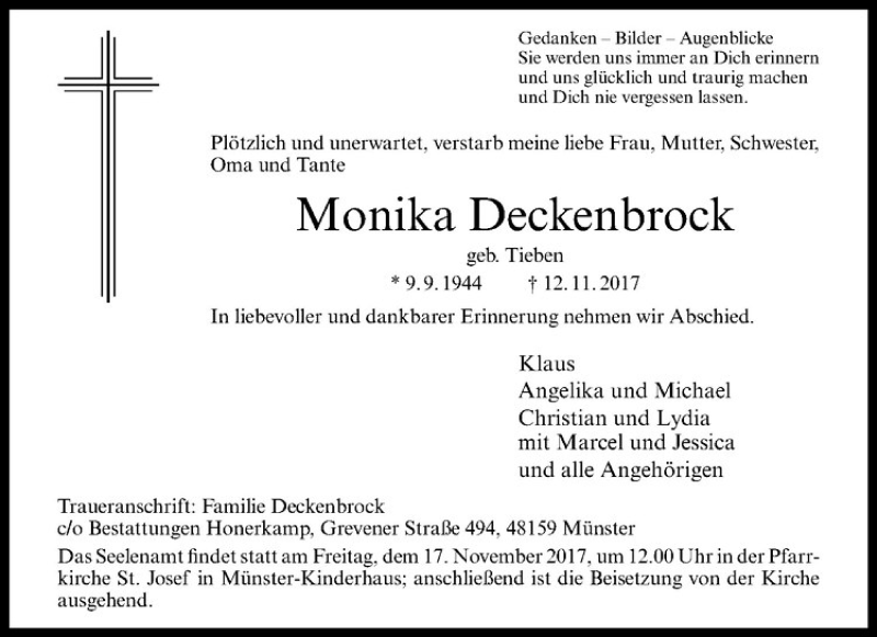  Traueranzeige für Monika Deckenbrock vom 15.11.2017 aus Westfälische Nachrichten