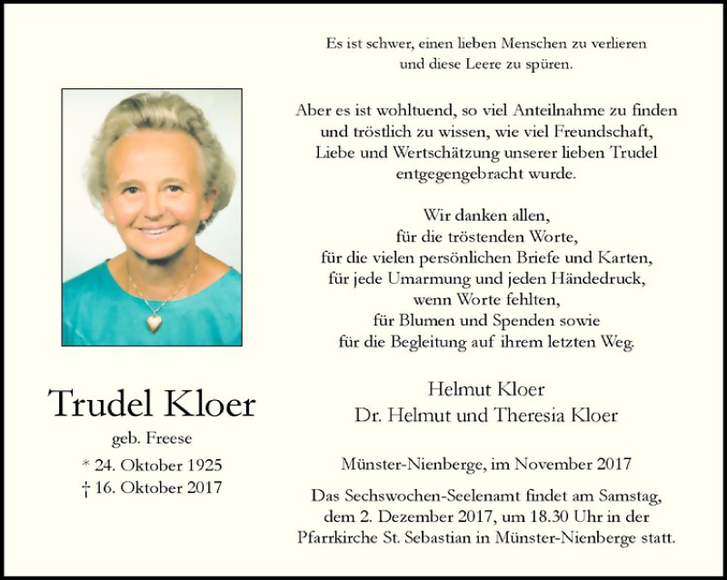  Traueranzeige für Trudel Kloer vom 25.11.2017 aus Westfälische Nachrichten