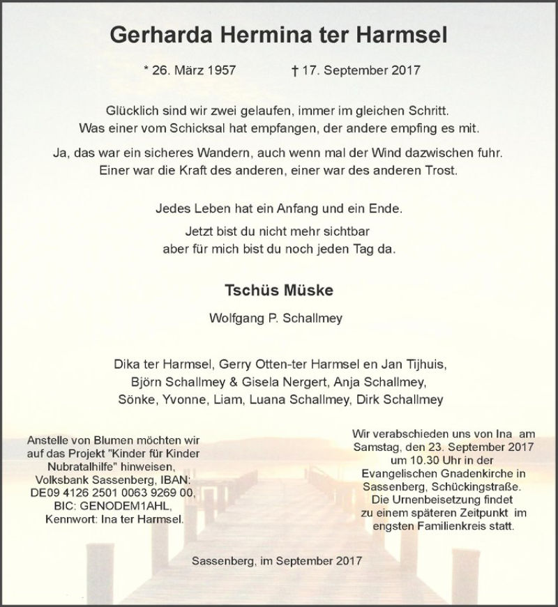  Traueranzeige für Gerharda Hermina ter Harmsel vom 20.09.2017 aus Westfälische Nachrichten