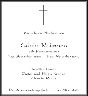 Anzeige von Edele Reimann von Westfälische Nachrichten