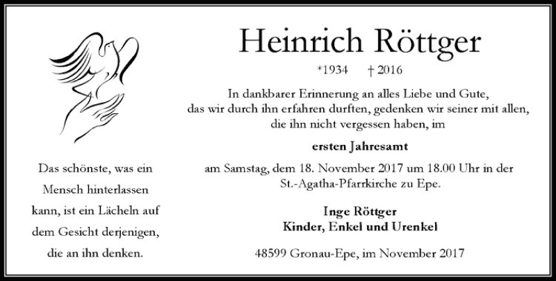  Traueranzeige für Heinrich Röttger vom 11.11.2017 aus Westfälische Nachrichten