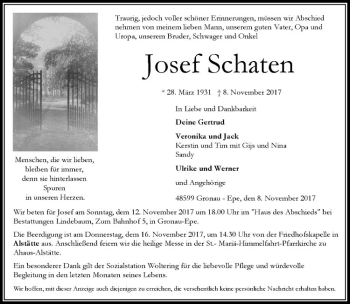 Anzeige von Josef Schaten von Westfälische Nachrichten