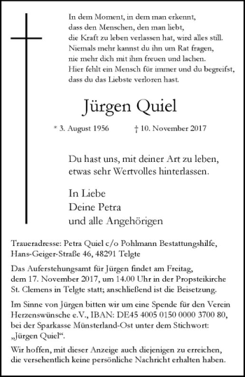 Anzeige von Jürgen Quiel von Westfälische Nachrichten
