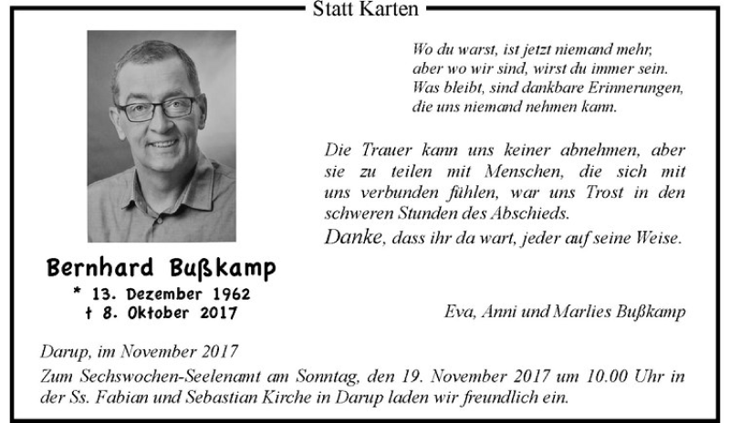  Traueranzeige für Bernhard Bußkamp vom 11.11.2017 aus Westfälische Nachrichten