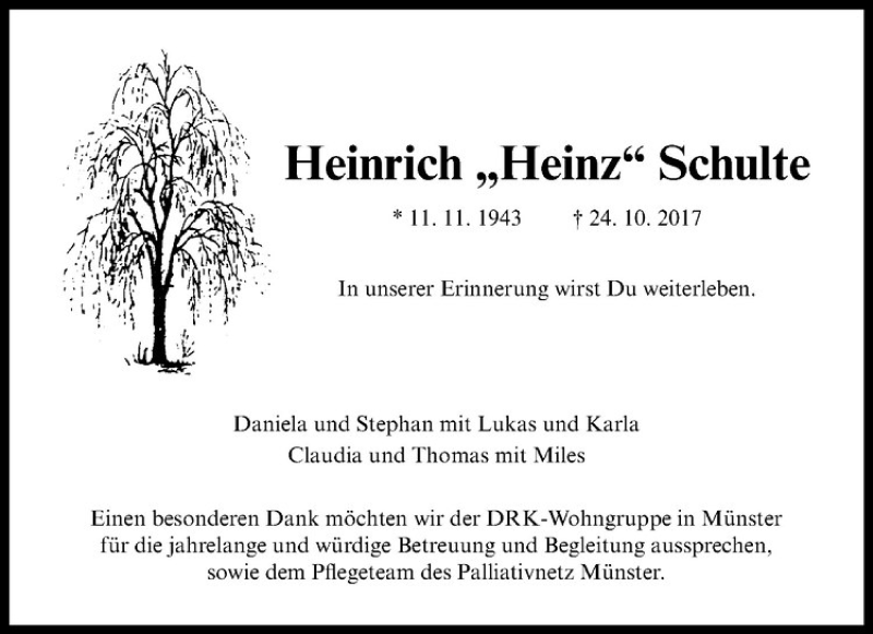  Traueranzeige für Heinrich Schulte vom 04.11.2017 aus Westfälische Nachrichten