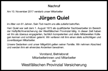 Anzeige von Jürgen Quiel von Westfälische Nachrichten
