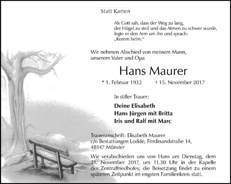  Traueranzeige für Hans Maurer vom 18.11.2017 aus Westfälische Nachrichten