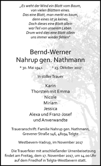 Anzeige von Bernd-Werner Nahrup von Westfälische Nachrichten