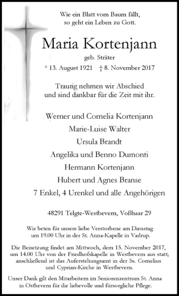 Anzeige von Maria Kortenjann von Westfälische Nachrichten