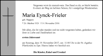 Anzeige von Maria Eynck-Frieler von Westfälische Nachrichten