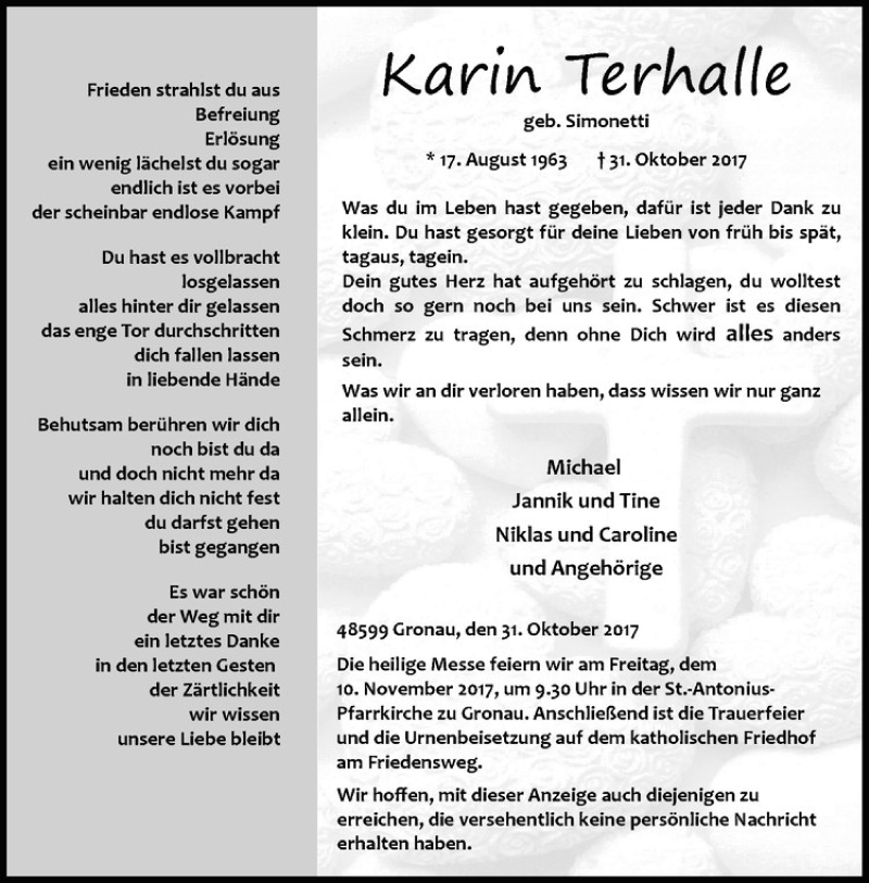  Traueranzeige für Karin Terhalle vom 04.11.2017 aus Westfälische Nachrichten