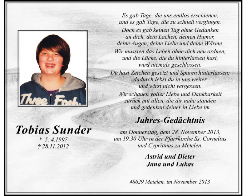  Traueranzeige für Tobias Sunder vom 23.11.2013 aus Westfälische Nachrichten