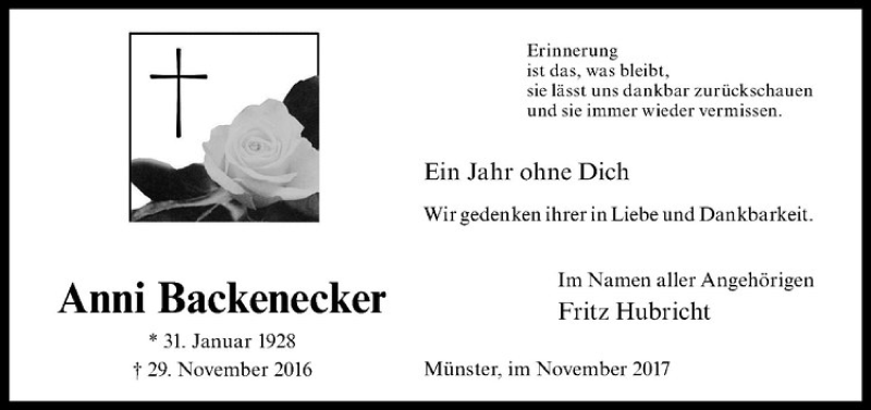  Traueranzeige für Anni Backenecker vom 29.11.2017 aus Westfälische Nachrichten
