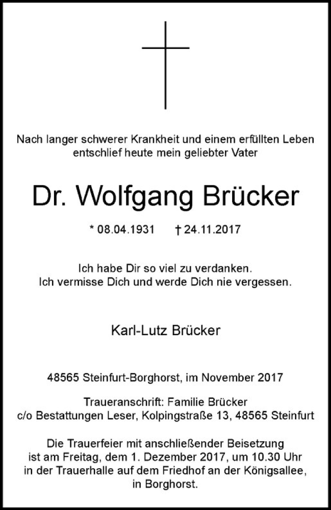  Traueranzeige für Wolfgang Brücker vom 29.11.2017 aus Westfälische Nachrichten
