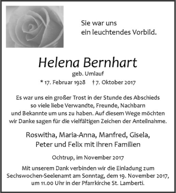 Anzeige von Helena Bernhart von Westfälische Nachrichten