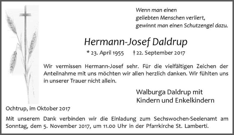  Traueranzeige für Hermann-Josef Daldrup vom 31.10.2017 aus Westfälische Nachrichten