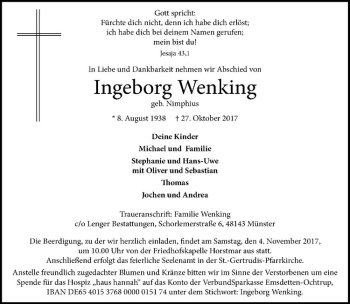 Anzeige von Ingeborg Wenking von Westfälische Nachrichten