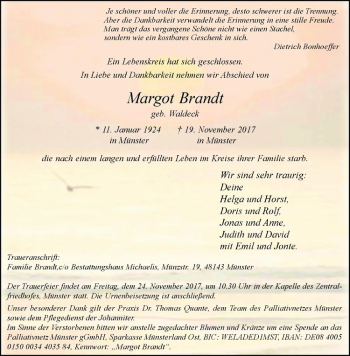 Anzeige von Margot Brandt von Westfälische Nachrichten