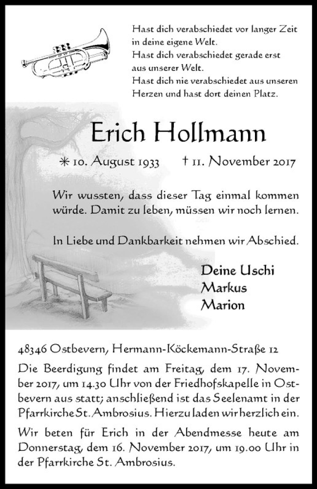  Traueranzeige für Erich Hollmann vom 16.11.2017 aus Westfälische Nachrichten