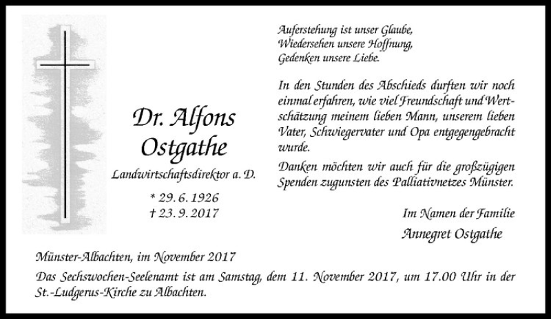  Traueranzeige für Alfons Ostgathe vom 04.11.2017 aus Westfälische Nachrichten