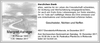 Anzeige von Margret Ashege von Westfälische Nachrichten