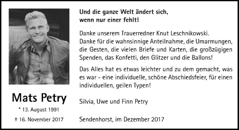  Traueranzeige für Mats Petry vom 28.12.2017 aus Westfälische Nachrichten
