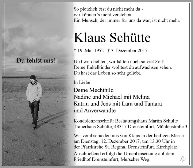  Traueranzeige für Klaus Schütte vom 09.12.2017 aus Westfälische Nachrichten