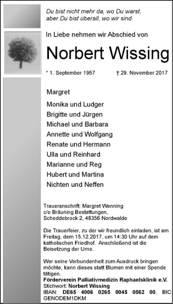 Anzeige von Norbert Wissing von Westfälische Nachrichten