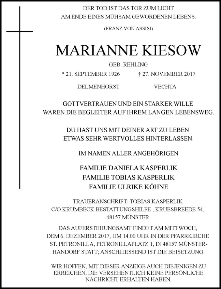  Traueranzeige für Marianne Kiesow vom 01.12.2017 aus Westfälische Nachrichten