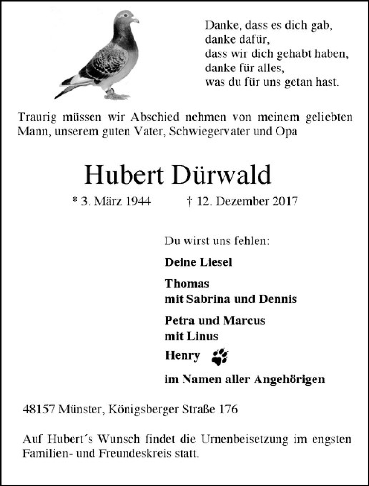  Traueranzeige für Hubert Dürwald vom 16.12.2017 aus Westfälische Nachrichten