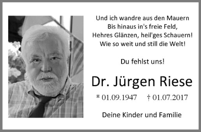  Traueranzeige für Jürgen Riese vom 23.12.2017 aus Westfälische Nachrichten