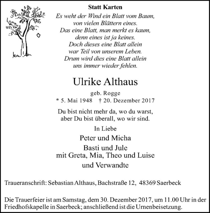  Traueranzeige für Ulrike Althaus vom 28.12.2017 aus Westfälische Nachrichten