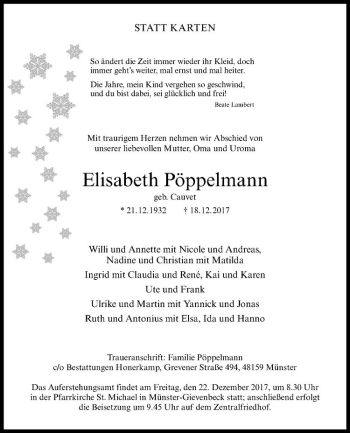 Anzeige von Elisabeth Pöppelmann von Westfälische Nachrichten