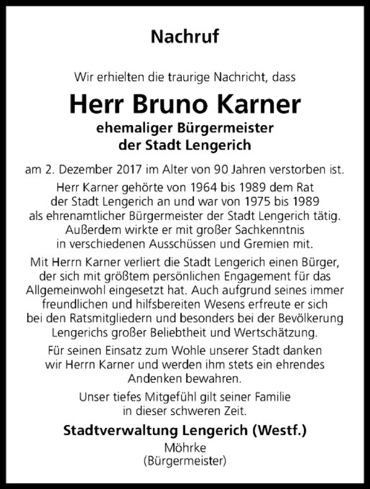  Traueranzeige für Bruno Karner vom 07.12.2017 aus Westfälische Nachrichten