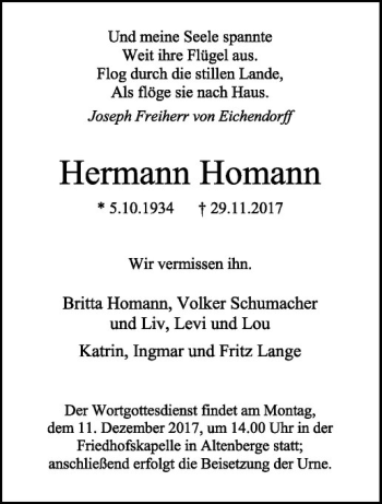 Anzeige von Hermann Homann von Westfälische Nachrichten