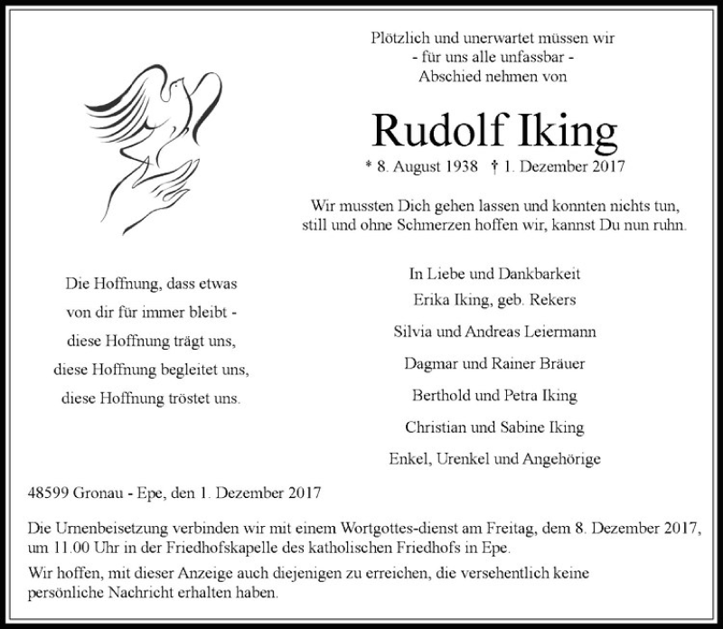 Traueranzeige für Rudolf Iking vom 05.12.2017 aus Westfälische Nachrichten