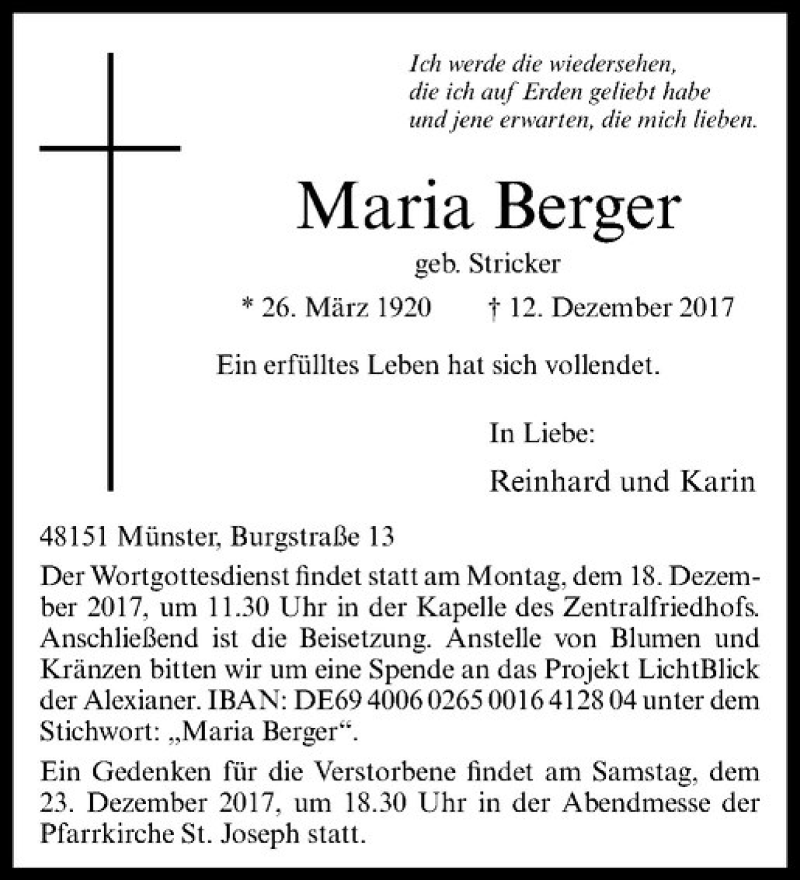  Traueranzeige für Maria Berger vom 14.12.2017 aus Westfälische Nachrichten