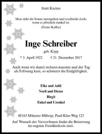 Anzeige von Inge Schreiber von Westfälische Nachrichten