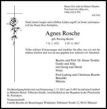 Anzeige von Agnes Rosche von Westfälische Nachrichten